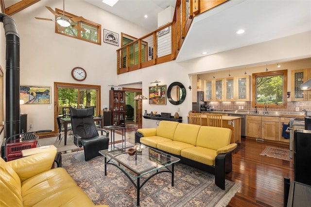 living room with sink, dark hardwood / wood-style floors, a high ceiling, and a wood stove