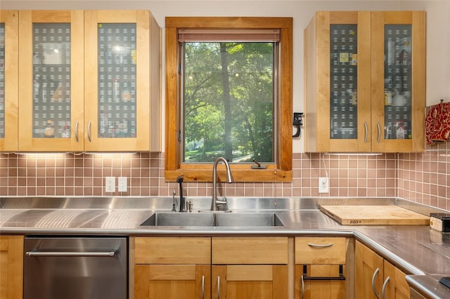 kitchen featuring stainless steel counters, sink, backsplash, and dishwasher