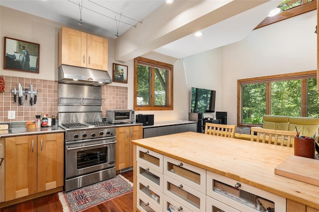 kitchen featuring light brown cabinetry, tasteful backsplash, stainless steel gas stove, dark hardwood / wood-style floors, and butcher block countertops