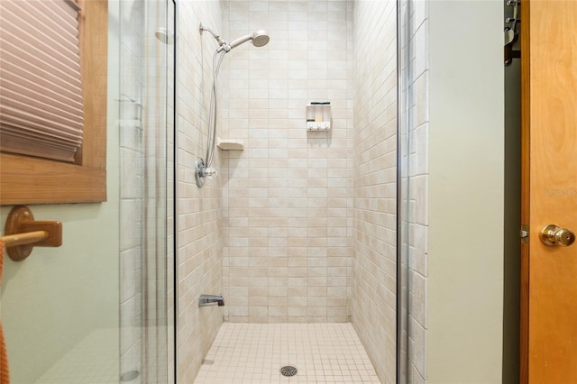 bathroom with a shower with shower door