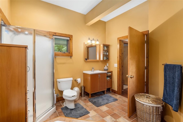 bathroom with toilet, a shower with shower door, and vanity