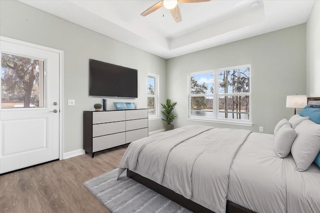 bedroom with ceiling fan, a raised ceiling, multiple windows, and light wood-type flooring