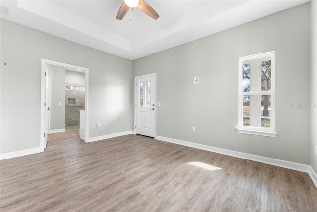 spare room with light hardwood / wood-style flooring, ceiling fan, and a tray ceiling