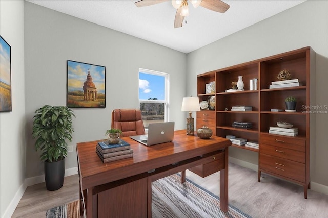 office space featuring light hardwood / wood-style floors and ceiling fan