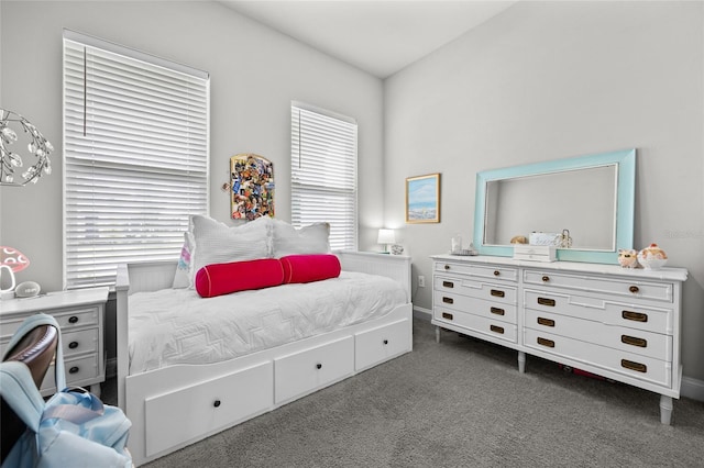 bedroom with dark carpet