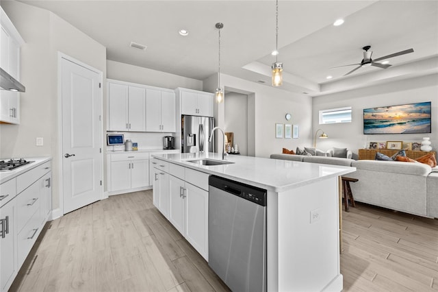 kitchen with open floor plan, stainless steel appliances, a tray ceiling, and a sink