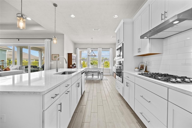 kitchen featuring light wood-style flooring, stainless steel appliances, a sink, under cabinet range hood, and backsplash