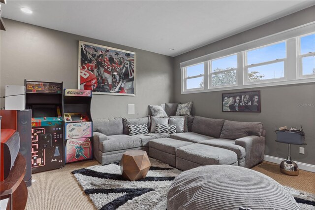 living room with light colored carpet