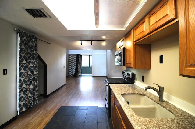 kitchen with light stone counters, sink, dark hardwood / wood-style flooring, and stainless steel appliances