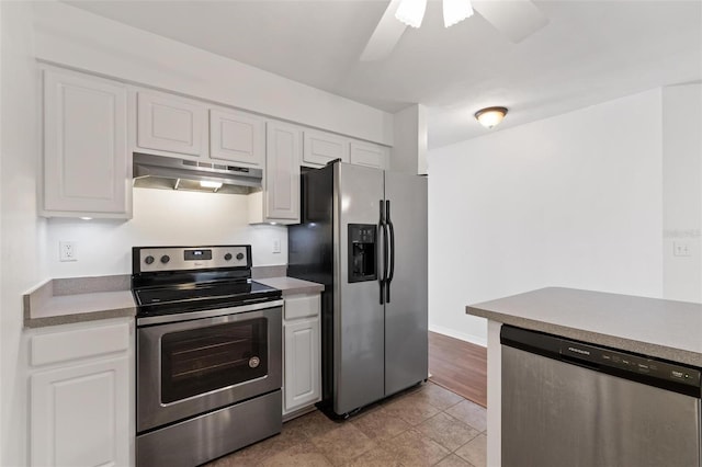 kitchen featuring white cabinetry, ceiling fan, and appliances with stainless steel finishes