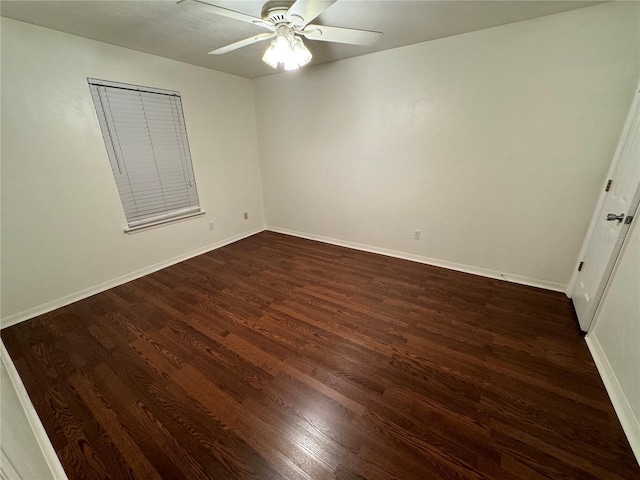 unfurnished bedroom featuring ceiling fan, baseboards, and dark wood-style flooring