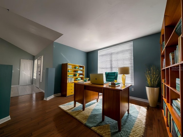 home office featuring dark hardwood / wood-style flooring