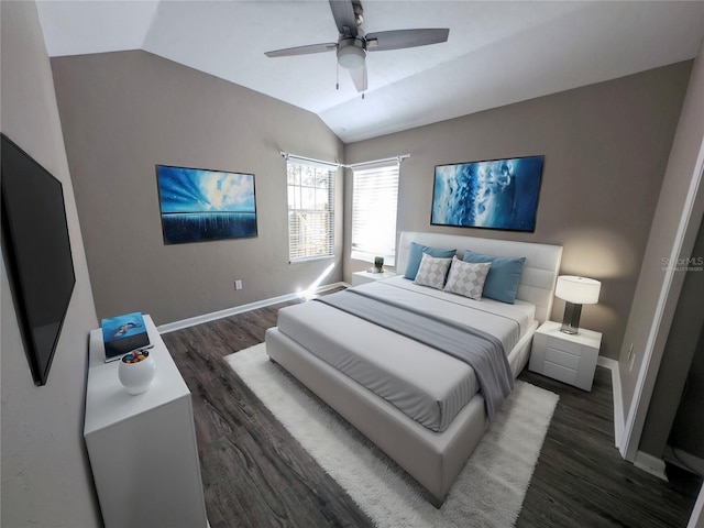 bedroom with lofted ceiling, dark hardwood / wood-style floors, and ceiling fan