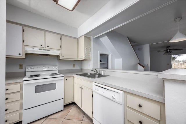 kitchen with sink, white appliances, decorative light fixtures, light tile patterned floors, and ceiling fan