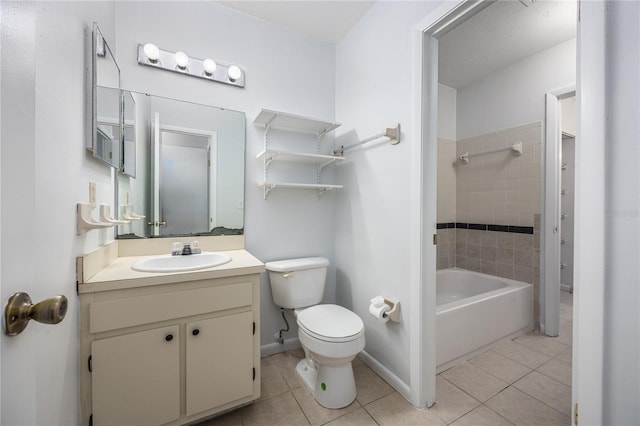 full bathroom featuring vanity, tiled shower / bath combo, tile patterned floors, and toilet