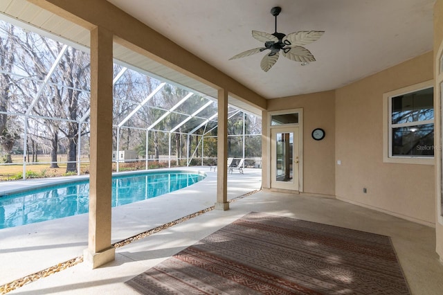 view of pool featuring a patio and ceiling fan