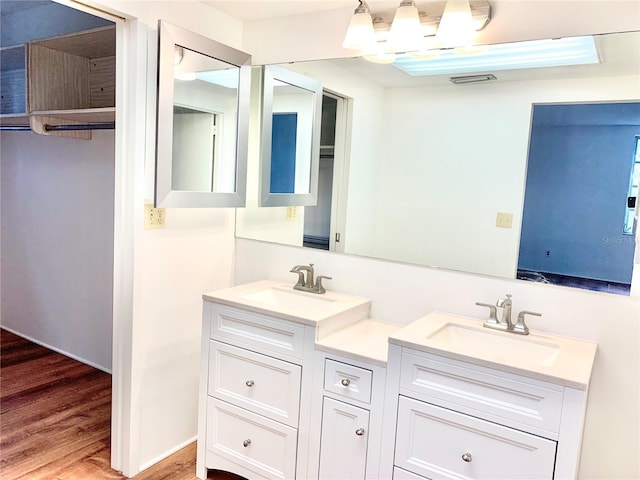 bathroom with hardwood / wood-style flooring and vanity