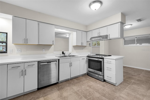 kitchen with appliances with stainless steel finishes, sink, white cabinets, and kitchen peninsula