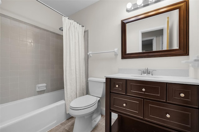 full bathroom with shower / bath combo with shower curtain, tile patterned floors, toilet, and vanity