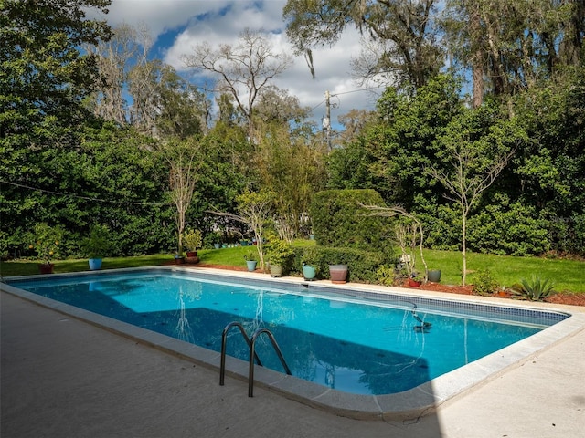 outdoor pool featuring a yard