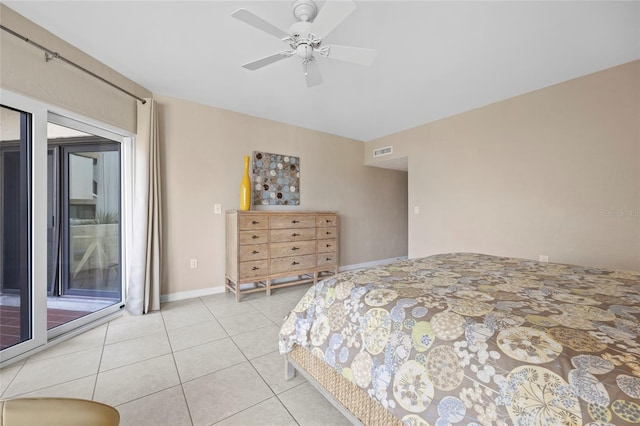 tiled bedroom featuring access to outside and ceiling fan