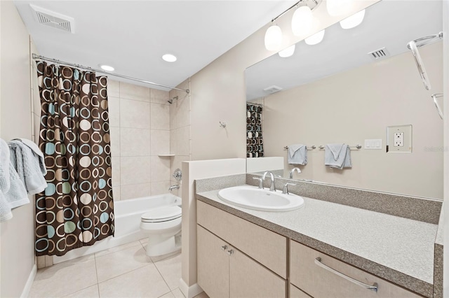 full bathroom featuring tile patterned floors, toilet, shower / tub combo, and vanity