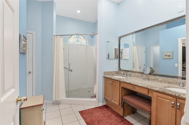 bathroom featuring tile patterned flooring, vanity, lofted ceiling, and an enclosed shower