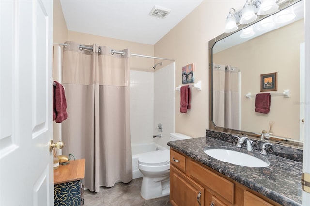 full bathroom with shower / bathtub combination with curtain, vanity, tile patterned flooring, and toilet