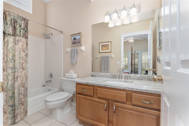 full bathroom featuring tile patterned floors, toilet, shower / tub combo, vanity, and a wealth of natural light