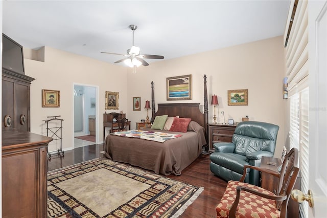 bedroom featuring ceiling fan, dark hardwood / wood-style floors, and ensuite bath