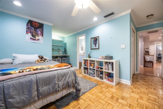 bedroom featuring baseboards, visible vents, ceiling fan, and ornamental molding