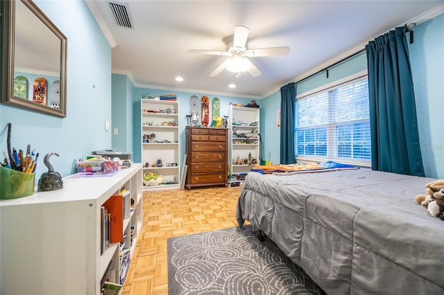 bedroom featuring a ceiling fan, recessed lighting, visible vents, and crown molding