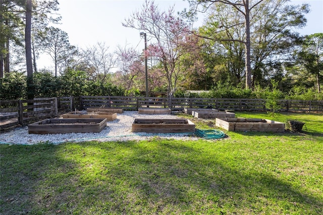 view of yard with a vegetable garden and fence