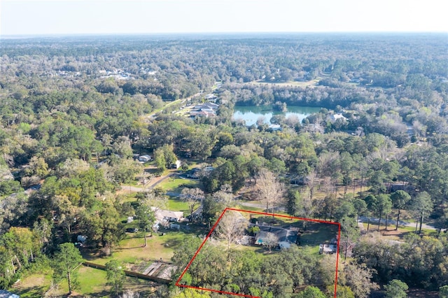 birds eye view of property featuring a wooded view