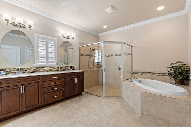 bathroom with crown molding, tile patterned flooring, vanity, tasteful backsplash, and independent shower and bath