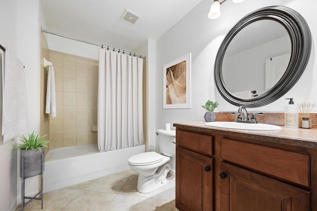 bathroom featuring visible vents, toilet, shower / tub combo, vanity, and tile patterned flooring