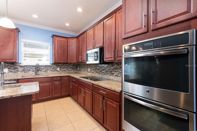 kitchen featuring sink, light tile patterned floors, stainless steel appliances, ornamental molding, and light stone countertops