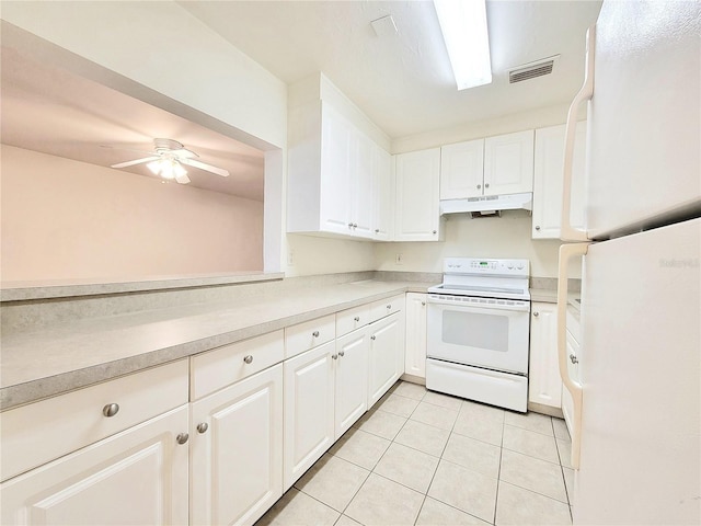 kitchen featuring white cabinetry, white appliances, ceiling fan, and light tile patterned floors