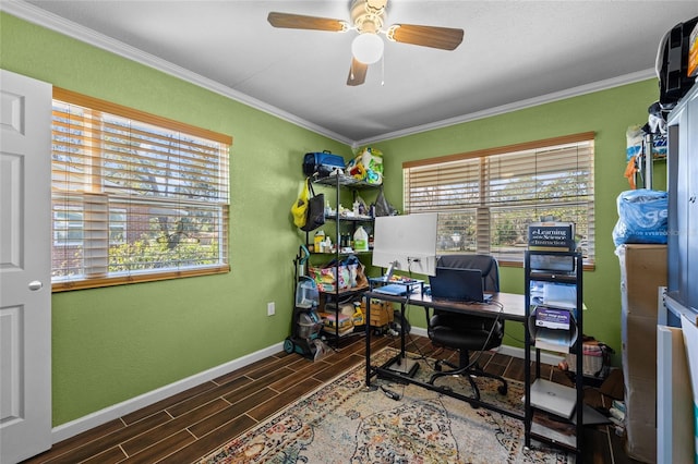 office area with ceiling fan, ornamental molding, and a wealth of natural light