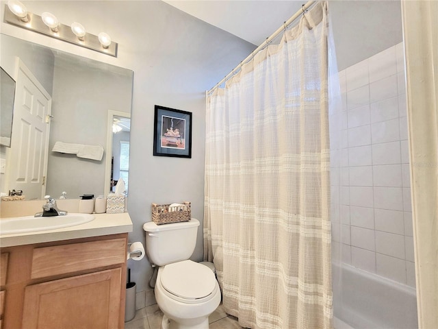 full bathroom featuring vanity, shower / bathtub combination with curtain, tile patterned floors, and toilet