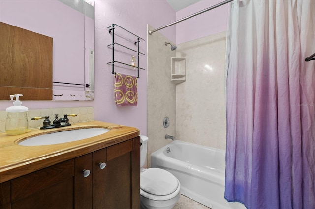 bathroom with toilet, vanity, and shower / bath combination with curtain