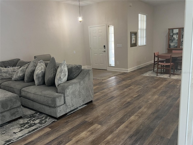 living room featuring dark wood-type flooring