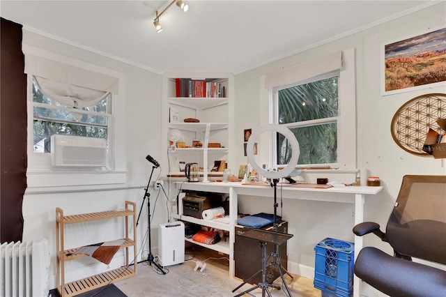 miscellaneous room featuring cooling unit, radiator, track lighting, and ornamental molding