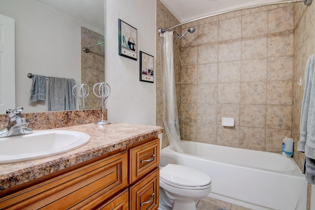 full bathroom with vanity, shower / bath combo with shower curtain, and toilet