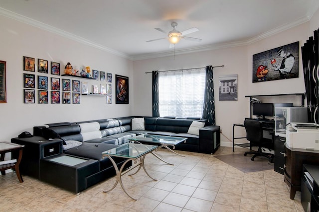 living room with light tile patterned floors, ornamental molding, and ceiling fan