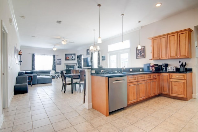 kitchen with pendant lighting, light tile patterned floors, crown molding, dishwasher, and ceiling fan with notable chandelier