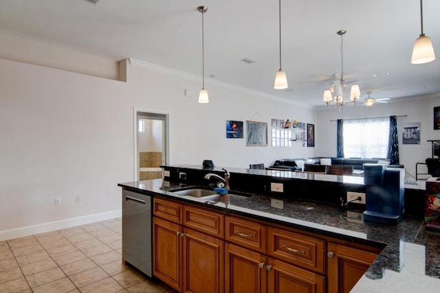 kitchen featuring sink, decorative light fixtures, stainless steel dishwasher, ornamental molding, and dark stone counters