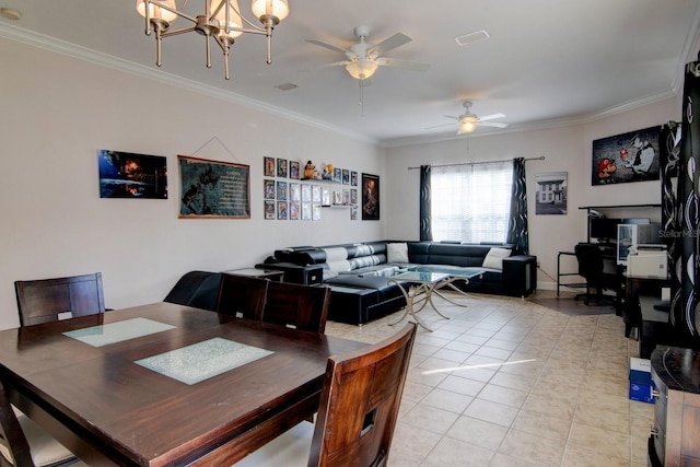 dining space with light tile patterned floors, crown molding, and ceiling fan with notable chandelier