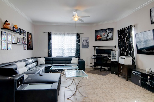 living room featuring crown molding and ceiling fan