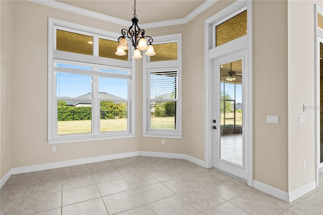 interior space with crown molding, an inviting chandelier, and light tile patterned floors